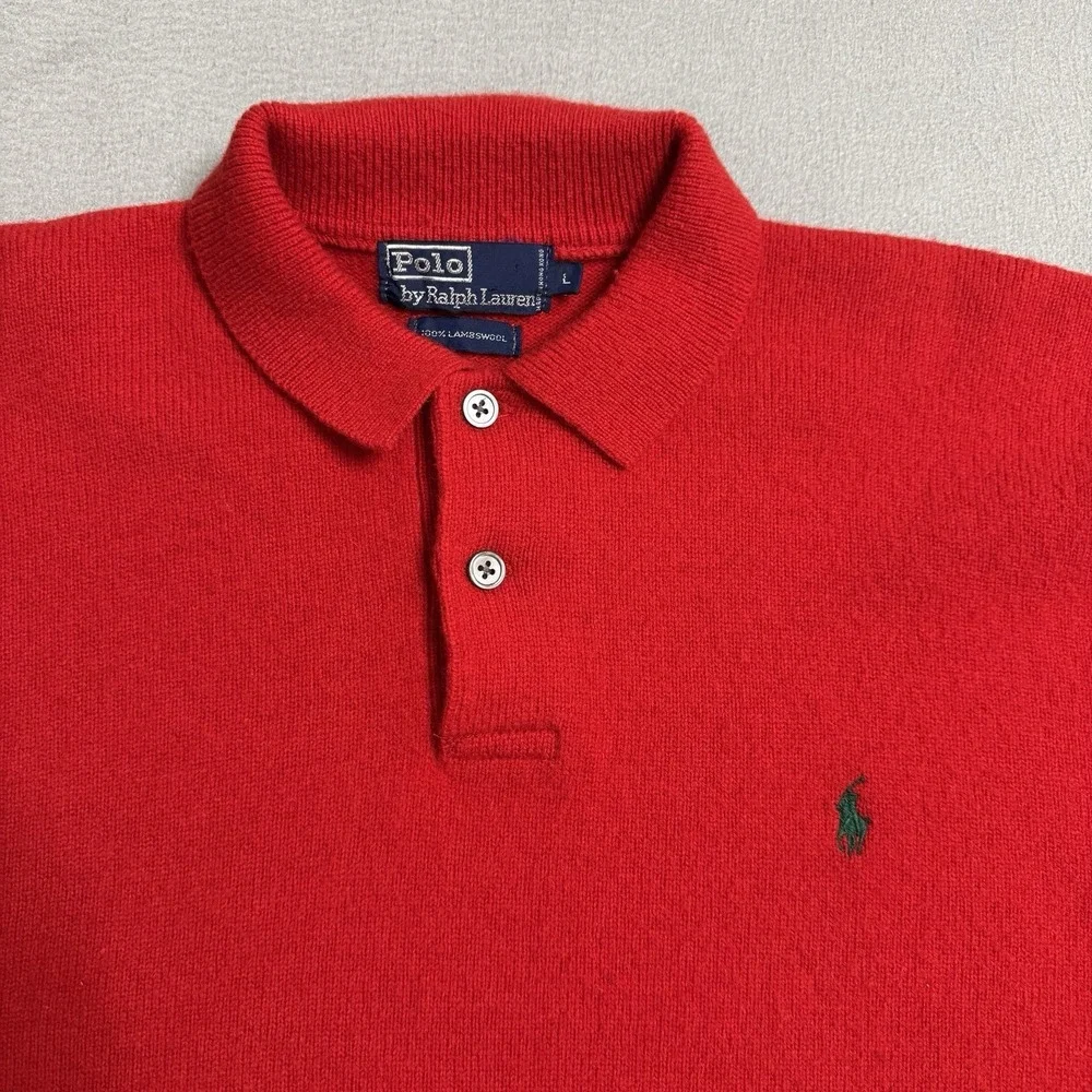 Vintage Polo Ralph Lauren Sweater Mens Large Red‎ Lambswool Collared Preppy